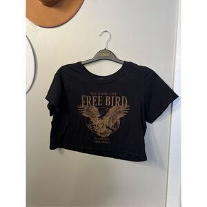 Rustee Women's Black Short Sleeve Wanderlust Free Bird Print Crop Tee Size Small